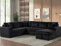 89166 3 pc Ruxley 123" black corduroy fabric sectional sofa with pop up sleep area and storage chaise