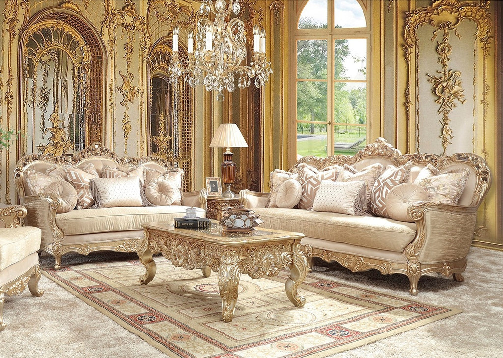 HD-8925-3PC Metallic antique gold champagne and Belle silver fabric upholstery High back Sofa , love and chair living room set