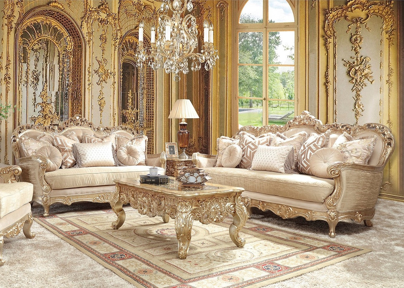 HD-8925-3PC Metallic antique gold champagne and Belle silver fabric upholstery High back Sofa , love and chair living room set