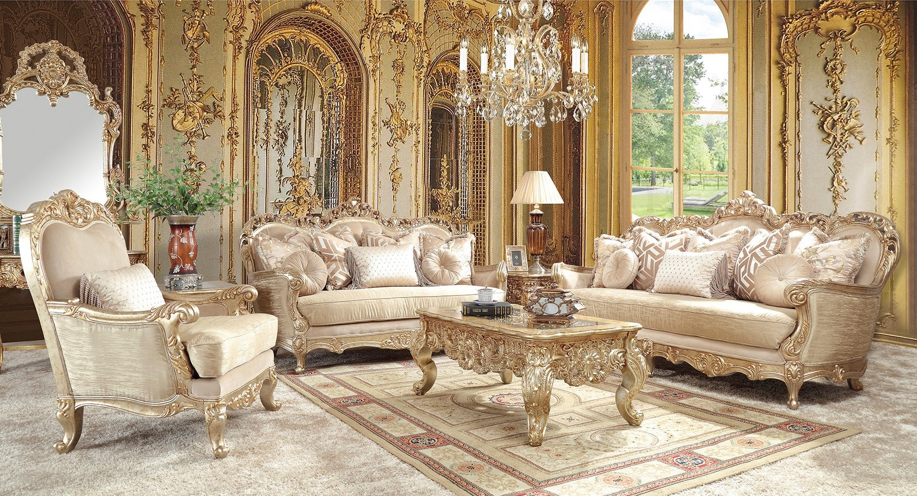 HD-8925-3PC Metallic antique gold champagne and Belle silver fabric upholstery High back Sofa , love and chair living room set