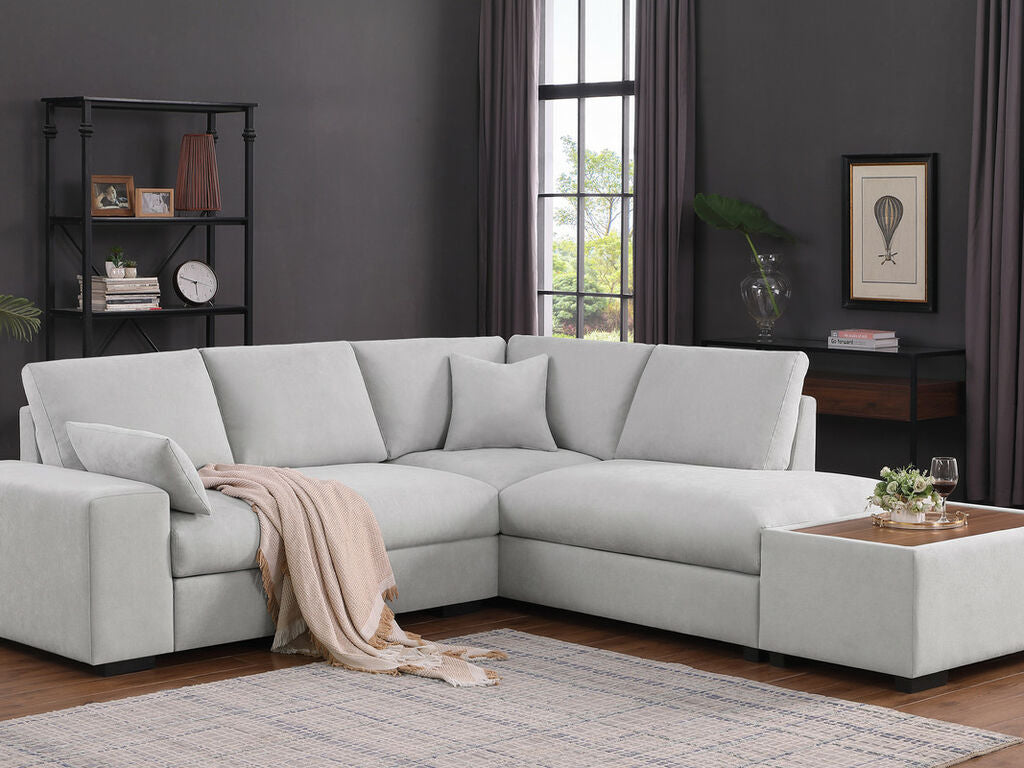 89294 3 pc Joshua beige woven fabric 100" sectional sofa set with chaise and ottoman table