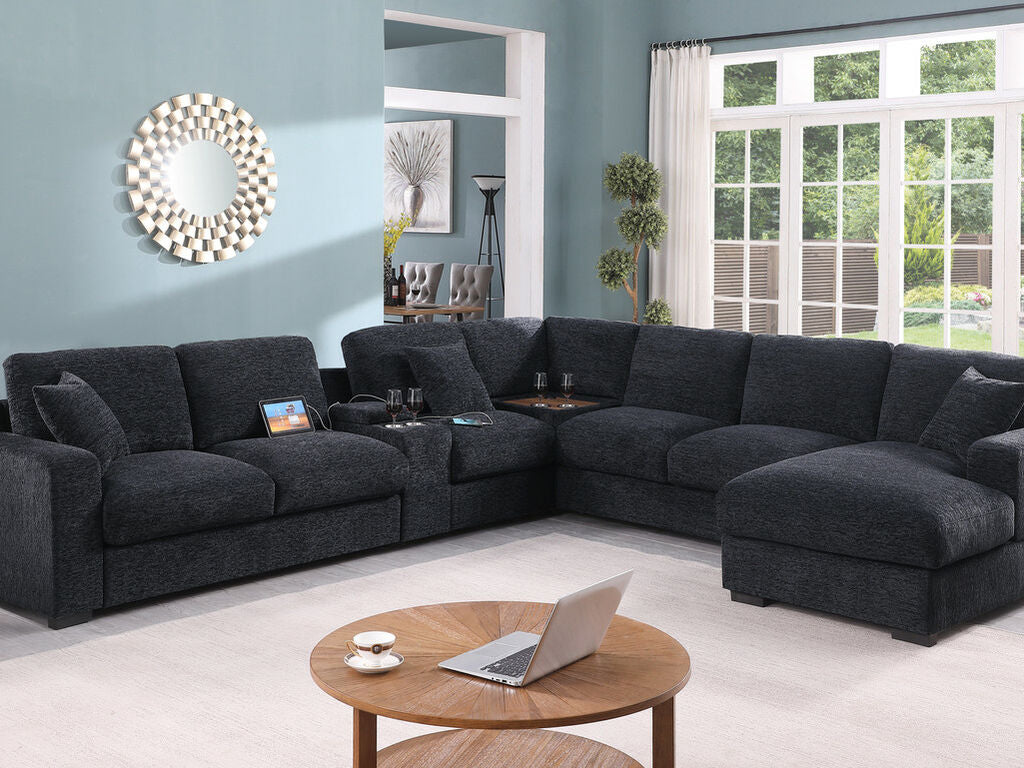 89295 6 pc Celine dark grey chenille fabric modular sectional sofa set with chaise and consoles with USB charging