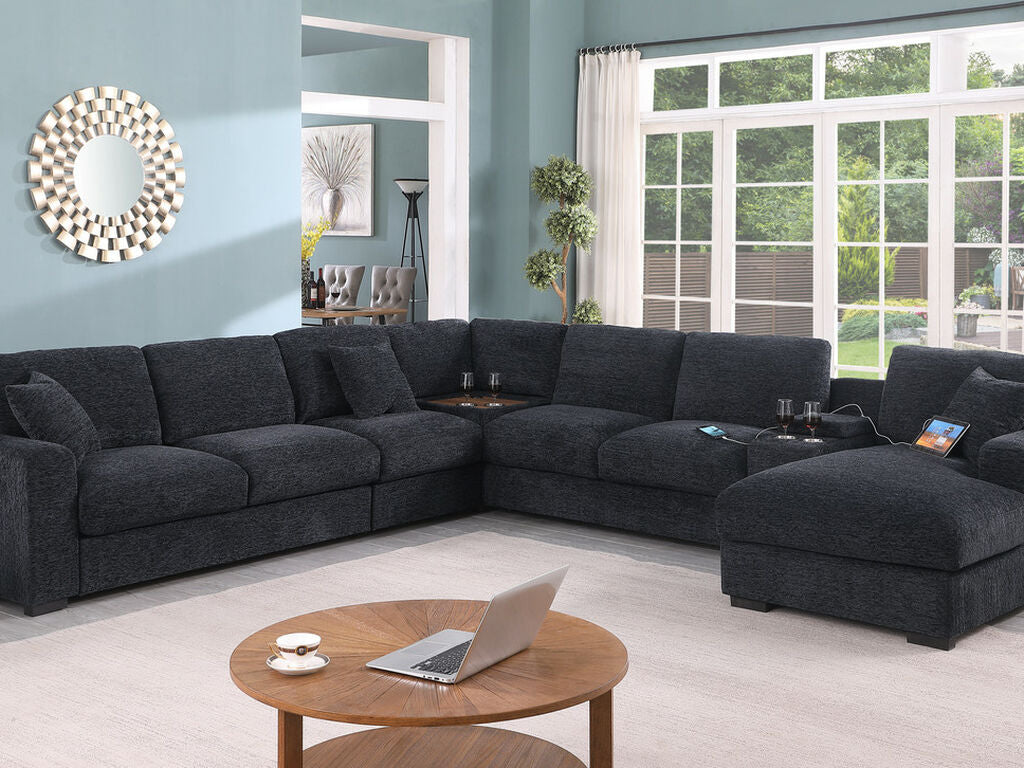 89295 6 pc Celine dark grey chenille fabric modular sectional sofa set with chaise and consoles with USB charging