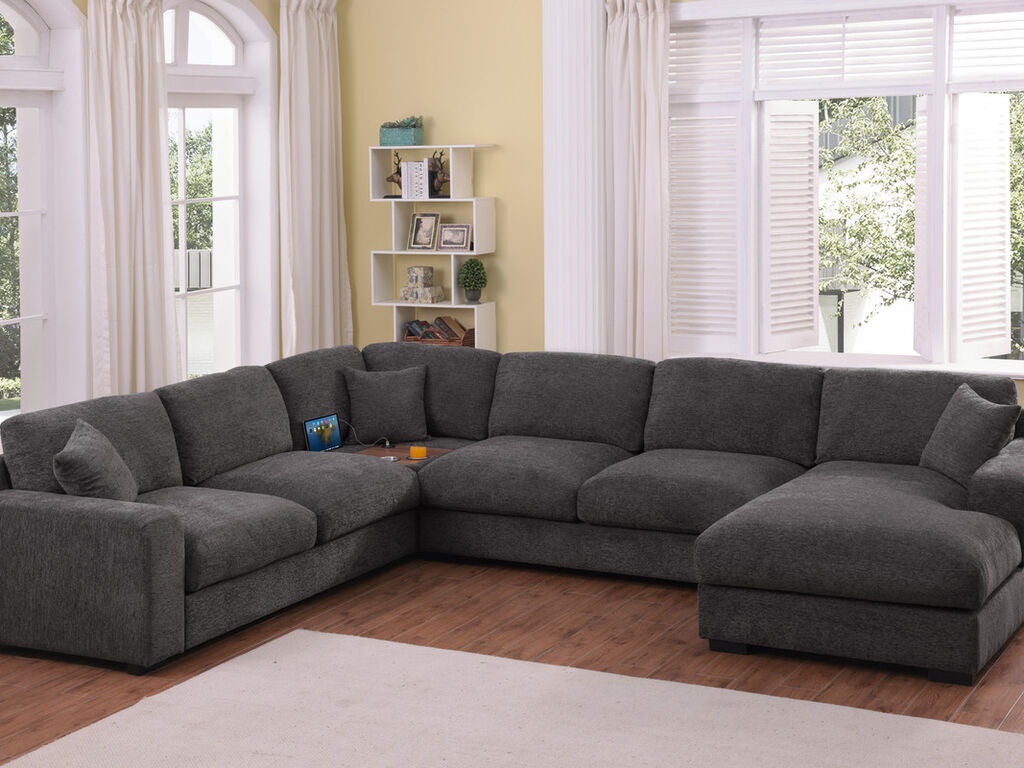 89296-1 4 pc Celine grey chenille fabric 128" modular sectional sofa set with chaise and cup holders wtih USB charging