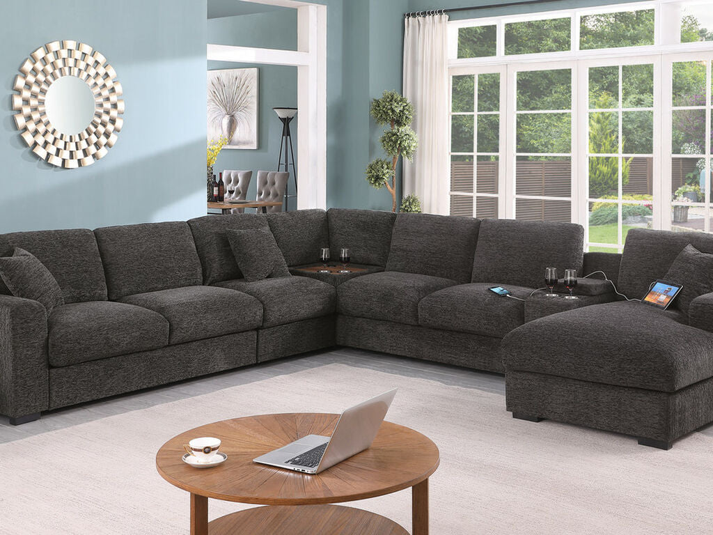 89296 6 pc Celine grey chenille fabric modular sectional sofa set with chaise and consoles with USB charging