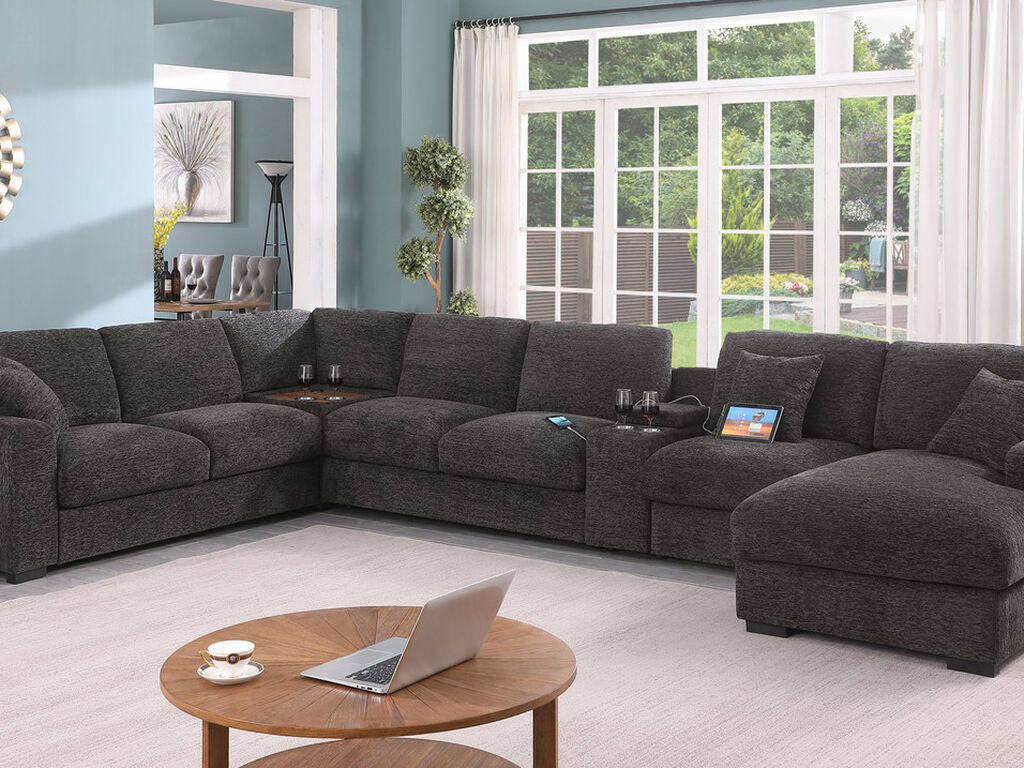 89296 6 pc Celine grey chenille fabric modular sectional sofa set with chaise and consoles with USB charging