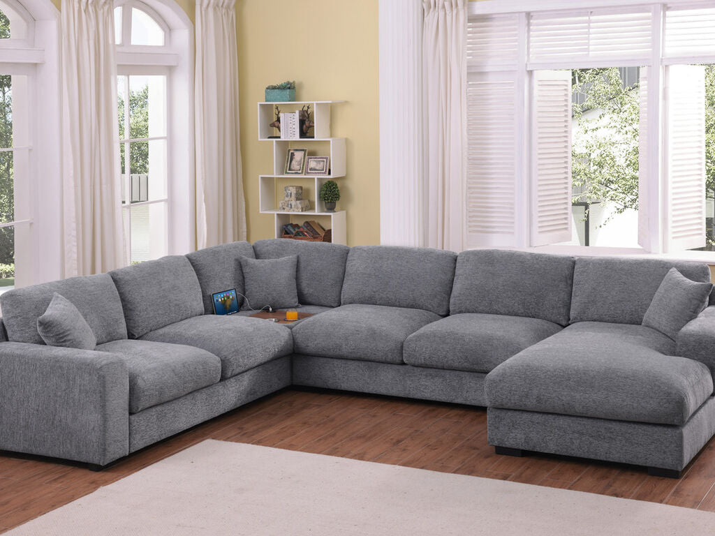 89297-1 4 pc Celine light grey chenille fabric 128" modular sectional sofa set with chaise and cup holders wtih USB charging