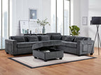 89306 3 pc Trey grey chenille fabric 115" sectional sofa set with adjustable headrests USB charging and storage ottoman