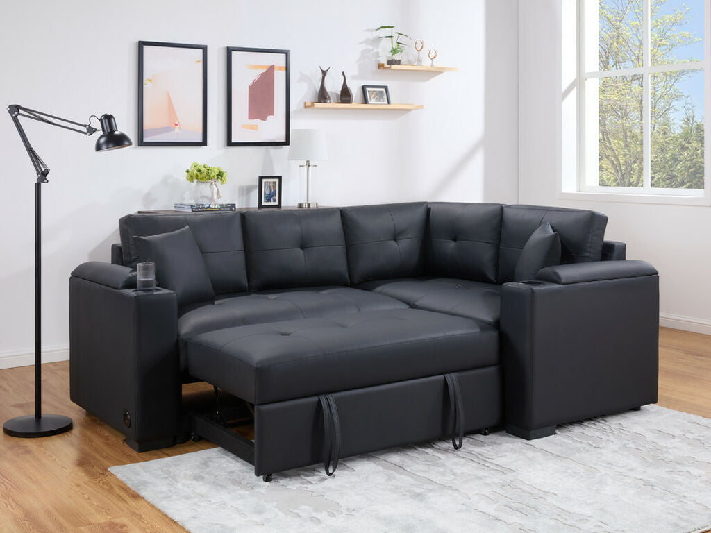 89308 2 pc Donovan black faux leather 84.5" sectional sofa set with pop up sleep area USB charging cup holders storage arms