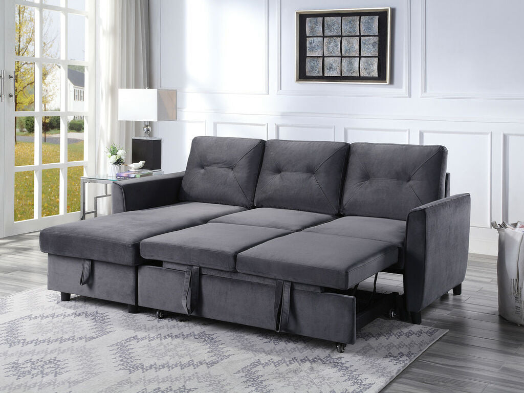 89330 Hudson dark grey velvet 83" reversible storage chaise pop up sleep area sectional sofa