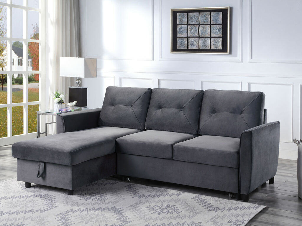 89330 Hudson dark grey velvet 83" reversible storage chaise pop up sleep area sectional sofa