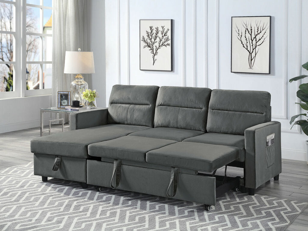 89331-DG Ivy dark grey velvet 81.5" reversible storage chaise pop up sleep area sectional sofa
