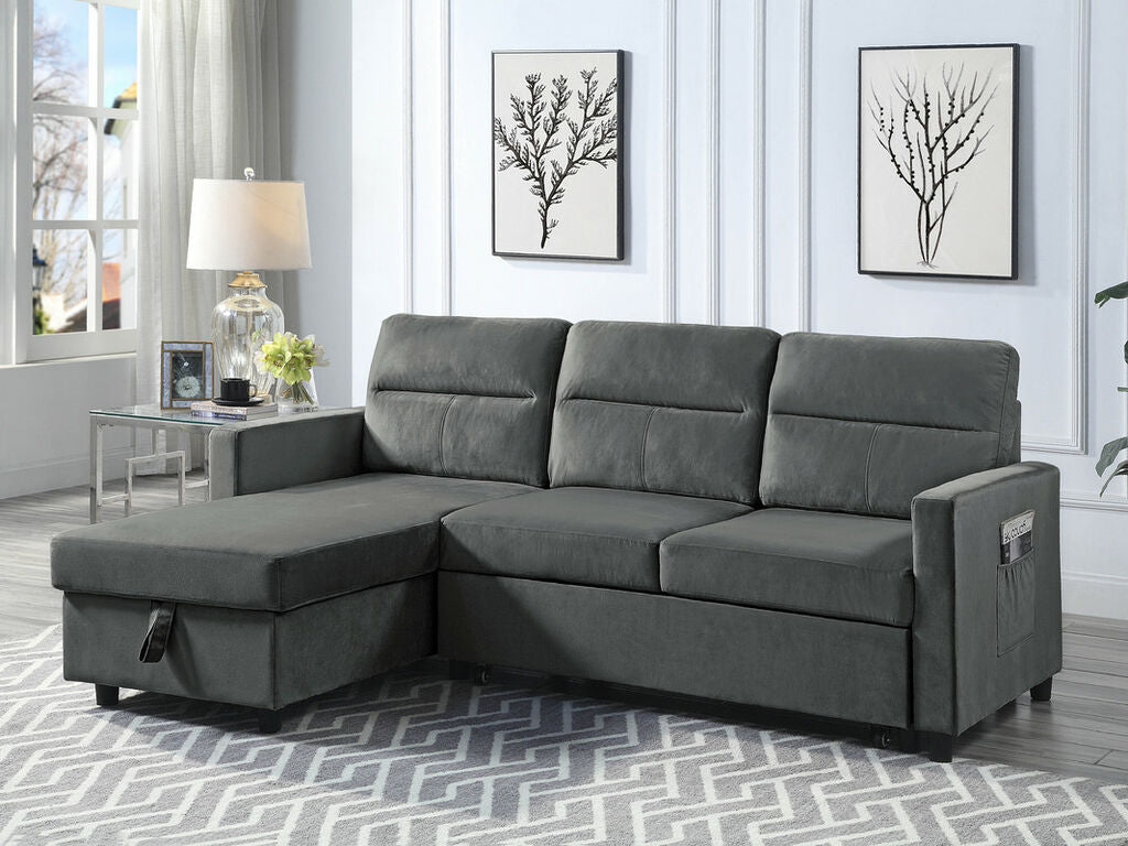 89331-DG Ivy dark grey velvet 81.5" reversible storage chaise pop up sleep area sectional sofa