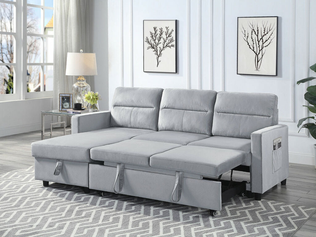 89331-LG Ivy light grey velvet 81.5" reversible storage chaise pop up sleep area sectional sofa