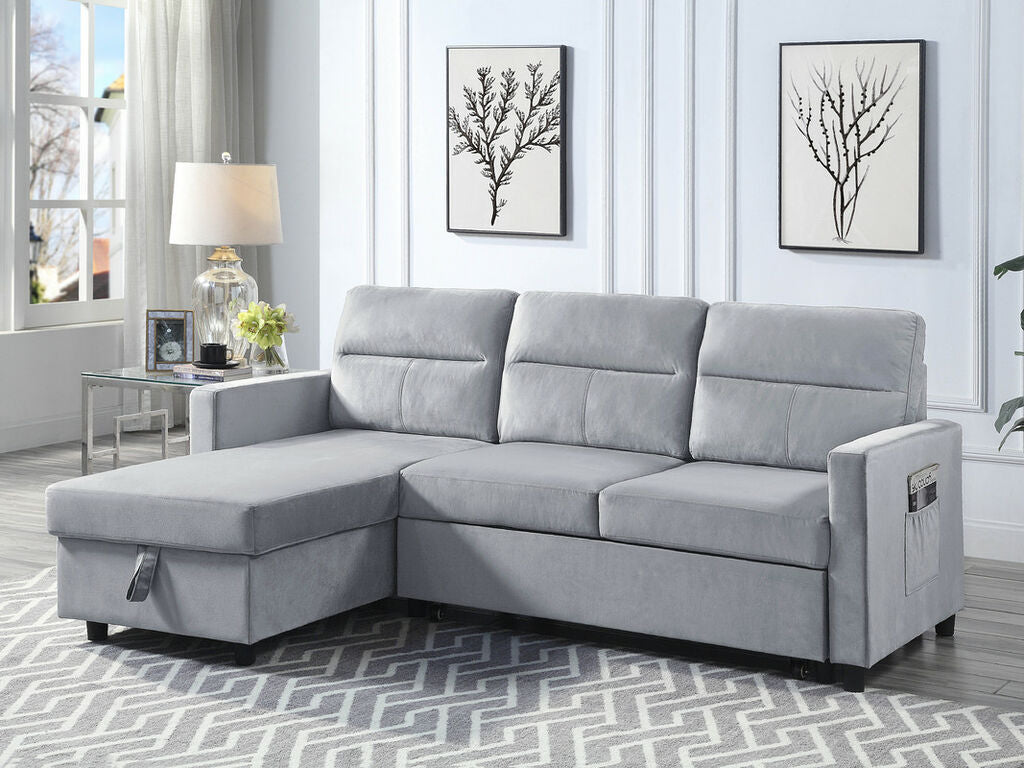 89331-LG Ivy light grey velvet 81.5" reversible storage chaise pop up sleep area sectional sofa