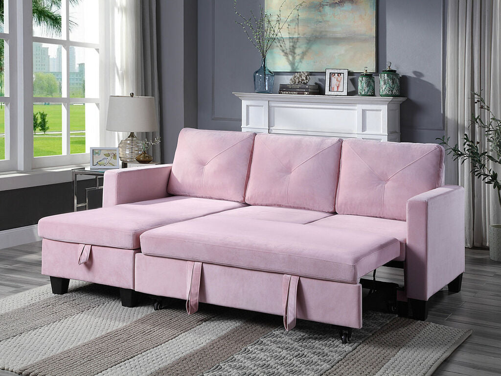 89332 Ivy pink velvet 81.5" reversible storage chaise pop up sleep area sectional sofa