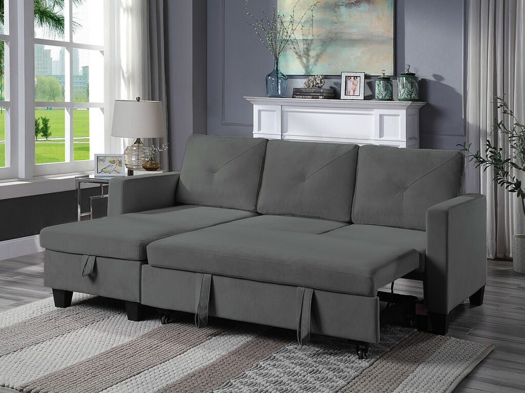 89332-DG Ivy dark grey velvet 81.5" reversible storage chaise pop up sleep area sectional sofa