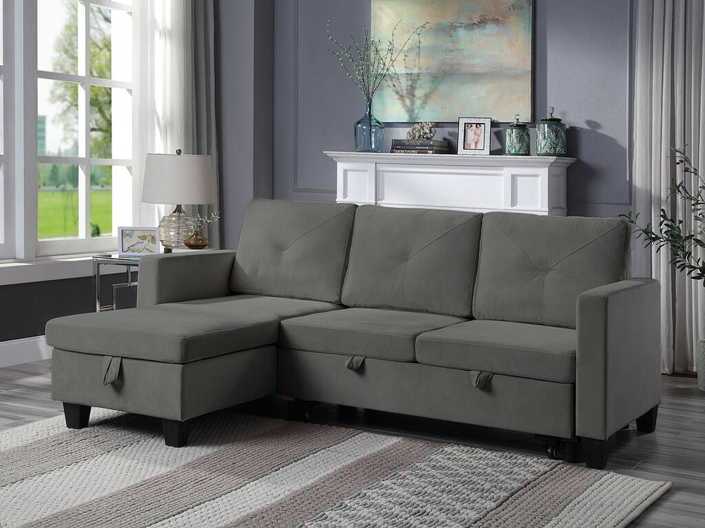 89332-DG Ivy dark grey velvet 81.5" reversible storage chaise pop up sleep area sectional sofa