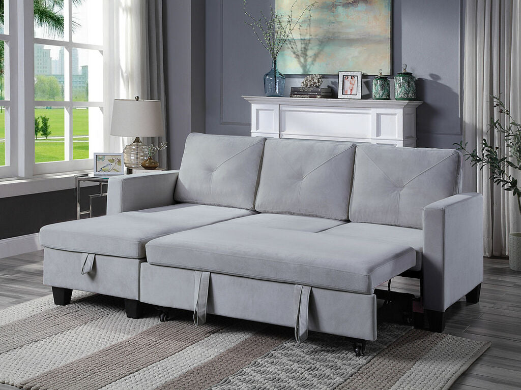 89332-LG Ivy light grey velvet 81.5" reversible storage chaise pop up sleep area sectional sofa