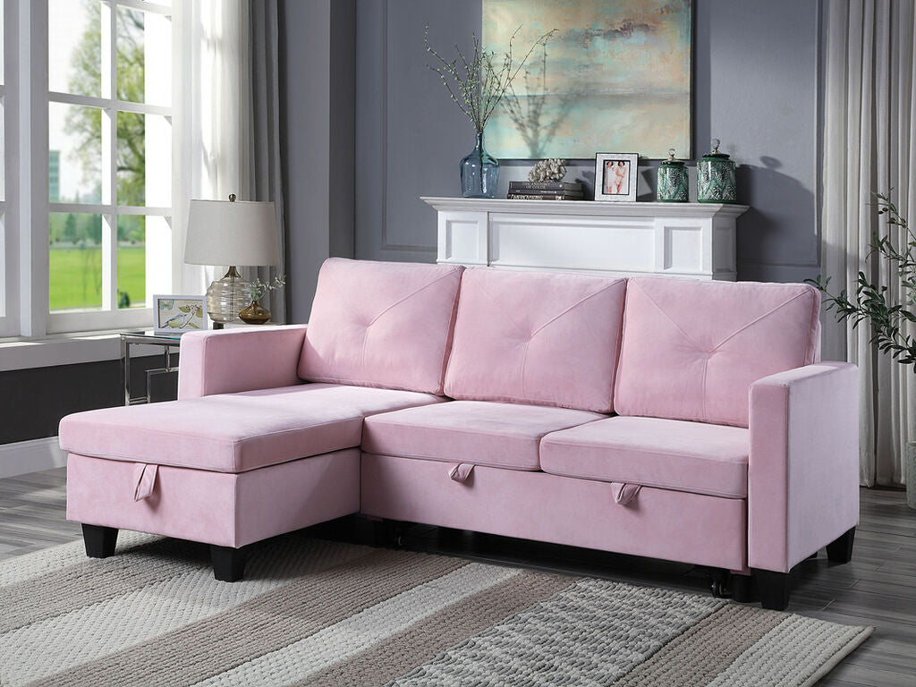 89332 Ivy pink velvet 81.5" reversible storage chaise pop up sleep area sectional sofa