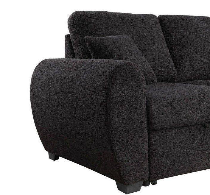 89336 Veronica black teddy bear fleece fabric pop up sleep area reversible storage chaise sectional sofa