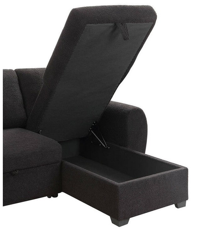 89336 Veronica black teddy bear fleece fabric pop up sleep area reversible storage chaise sectional sofa