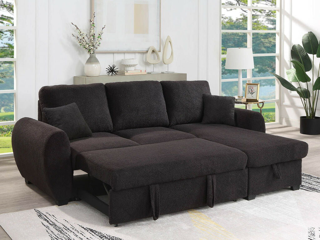 89336 Veronica black teddy bear fleece fabric pop up sleep area reversible storage chaise sectional sofa