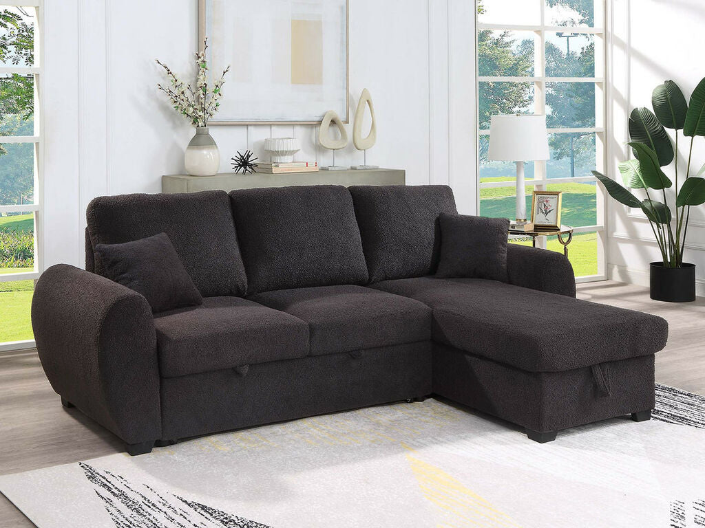 89336 Veronica black teddy bear fleece fabric pop up sleep area reversible storage chaise sectional sofa