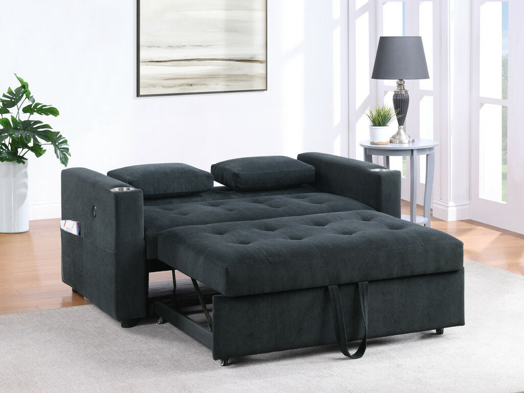 89340 Luelle black corduroy fabric 57" pop up sleep area sofa sleeper with USB and cup holders