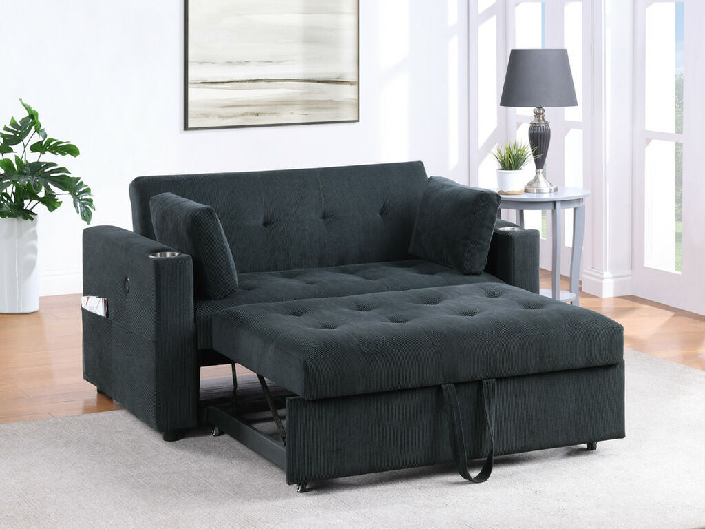 89340 Luelle black corduroy fabric 57" pop up sleep area sofa sleeper with USB and cup holders