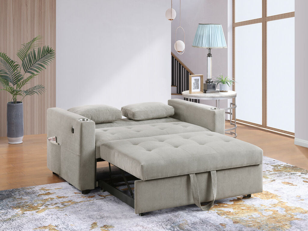 89341 Luelle grey corduroy fabric 57" pop up sleep area sofa sleeper with USB and cup holders