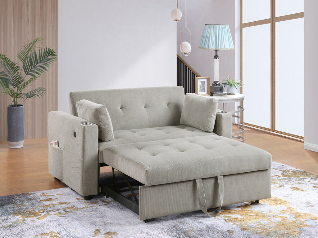 89341 Luelle grey corduroy fabric 57" pop up sleep area sofa sleeper with USB and cup holders