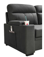 89620 Hugo grey polished microfiber fabric pop up sleep area reversible storage chaise sectional sofa cup holders