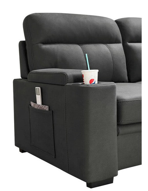 89620 Hugo grey polished microfiber fabric pop up sleep area reversible storage chaise sectional sofa cup holders