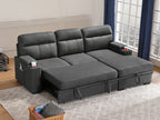 89620 Hugo grey polished microfiber fabric pop up sleep area reversible storage chaise sectional sofa cup holders