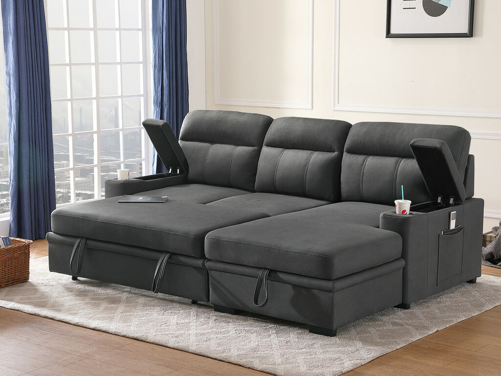 89620 Hugo grey polished microfiber fabric pop up sleep area reversible storage chaise sectional sofa cup holders