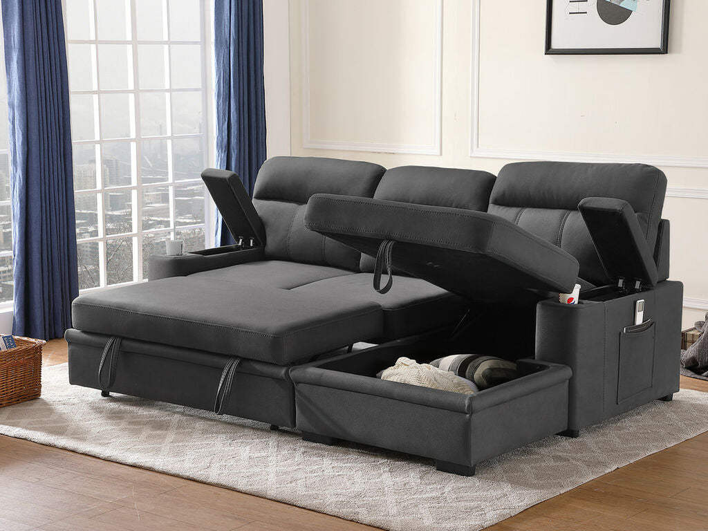 89620 Hugo grey polished microfiber fabric pop up sleep area reversible storage chaise sectional sofa cup holders