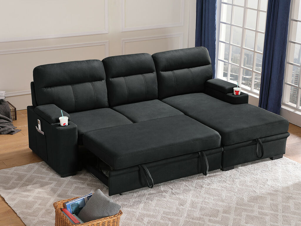 89621 Hugo black polished microfiber fabric pop up sleep area reversible storage chaise sectional sofa cup holders