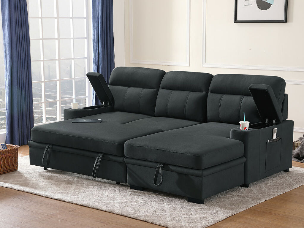 89621 Hugo black polished microfiber fabric pop up sleep area reversible storage chaise sectional sofa cup holders