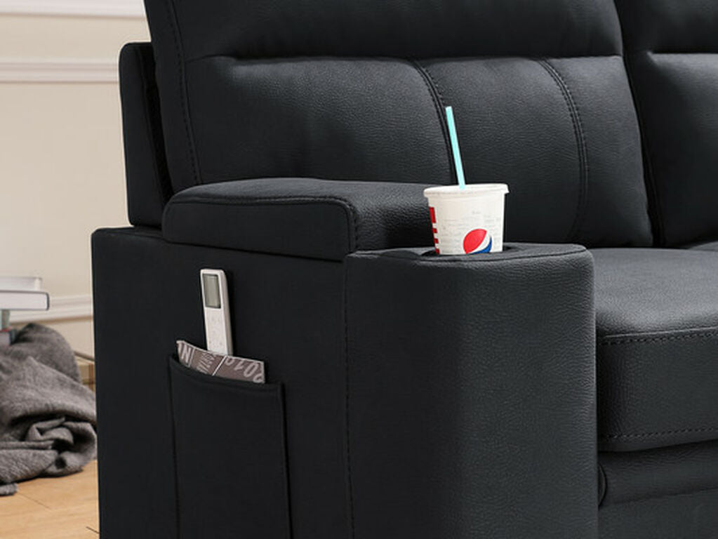 89621 Hugo black polished microfiber fabric pop up sleep area reversible storage chaise sectional sofa cup holders