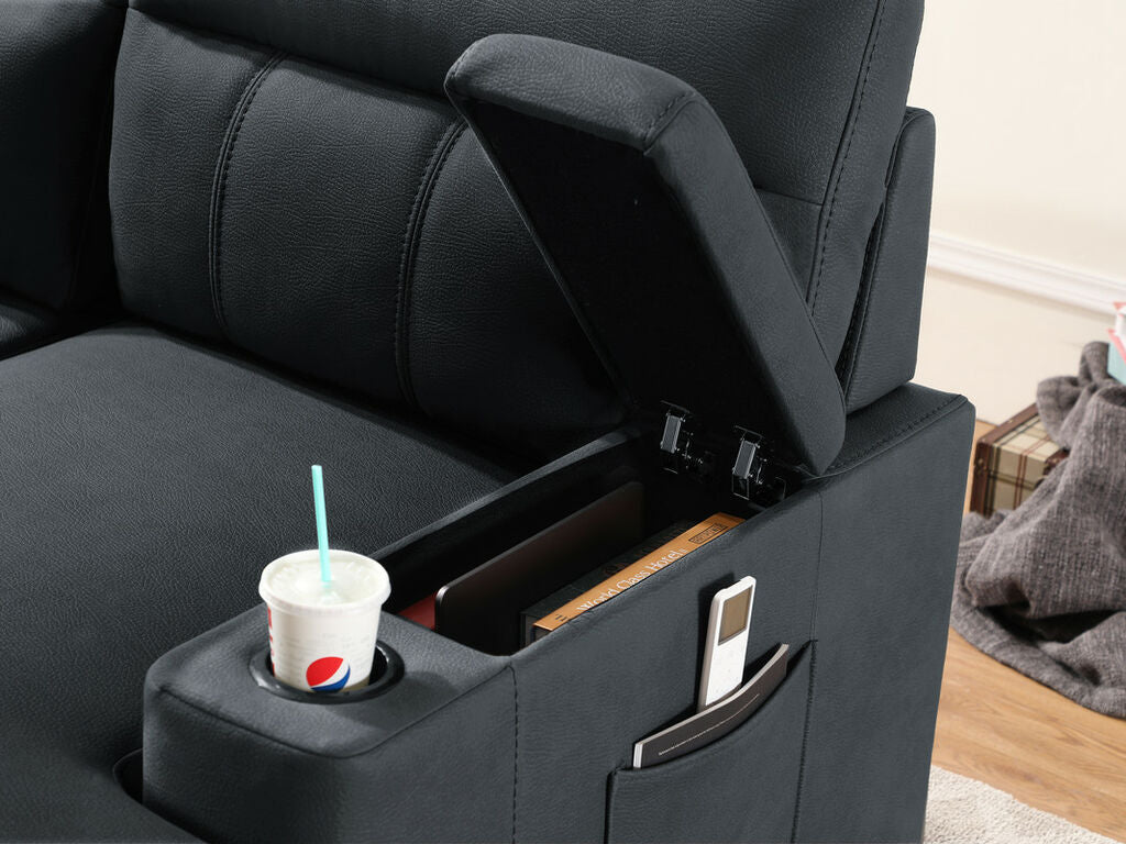 89621 Hugo black polished microfiber fabric pop up sleep area reversible storage chaise sectional sofa cup holders