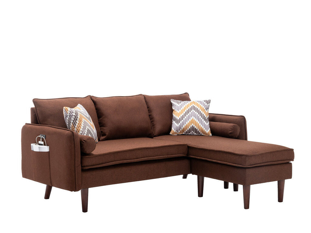 89628BN  2 pc Mia brown linen like fabric sectional sofa with reversible chaise wood legs USB plugs