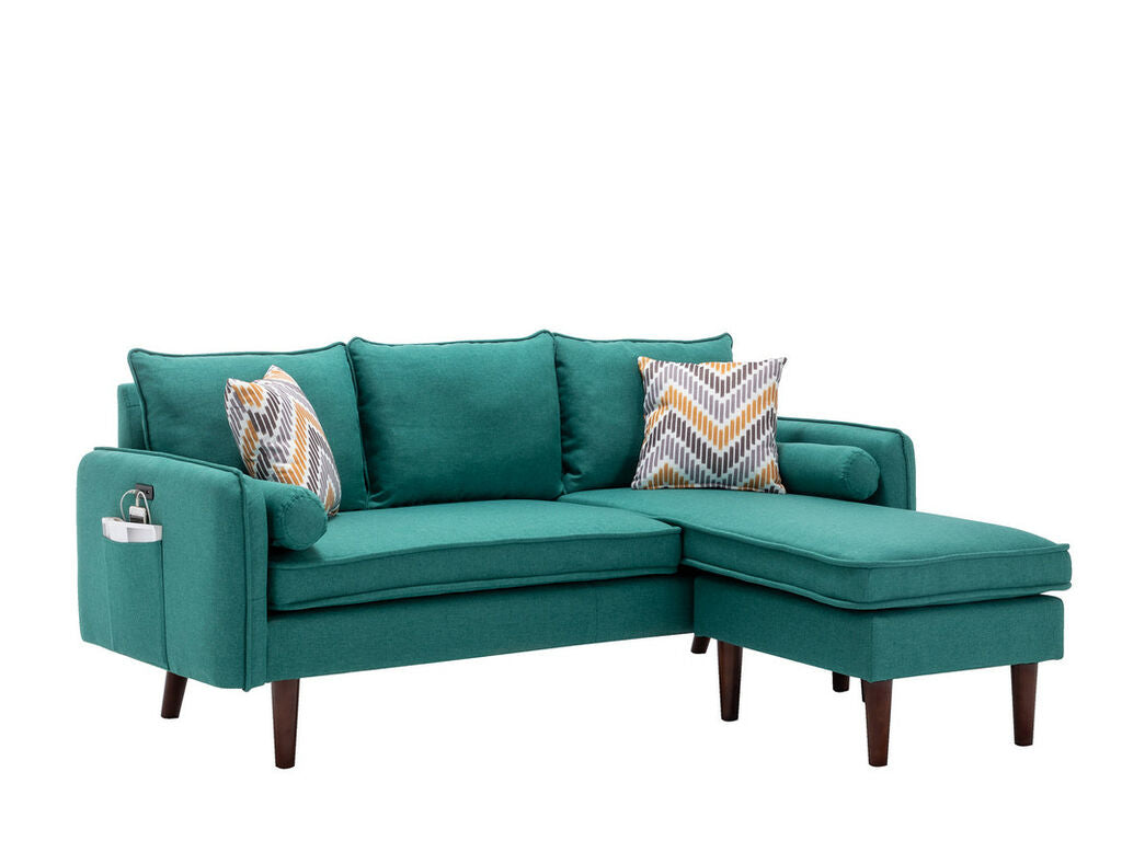 89628GN  2 pc Mia green linen like fabric sectional sofa with reversible chaise wood legs USB plugs