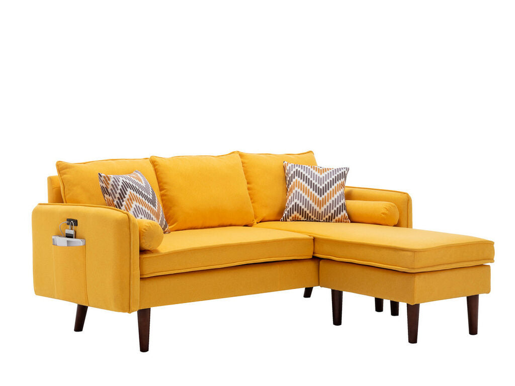89628YW  2 pc Mia yellow linen like fabric sectional sofa with reversible chaise wood legs USB plugs