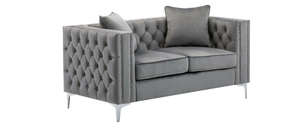 89715-SL 2 pc Lorreto grey velvet tufted fabric sofa and love seat set with nail head trim accents