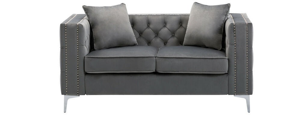 89715-SL 2 pc Lorreto grey velvet tufted fabric sofa and love seat set with nail head trim accents