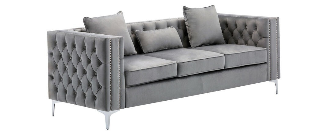 89715-SL 2 pc Lorreto grey velvet tufted fabric sofa and love seat set with nail head trim accents