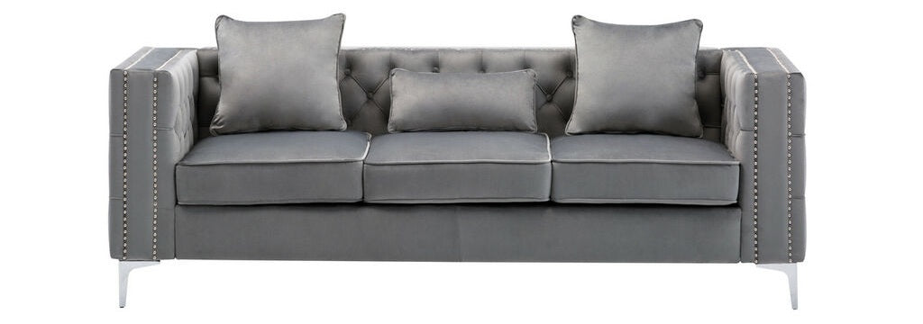 89715-SL 2 pc Lorreto grey velvet tufted fabric sofa and love seat set with nail head trim accents
