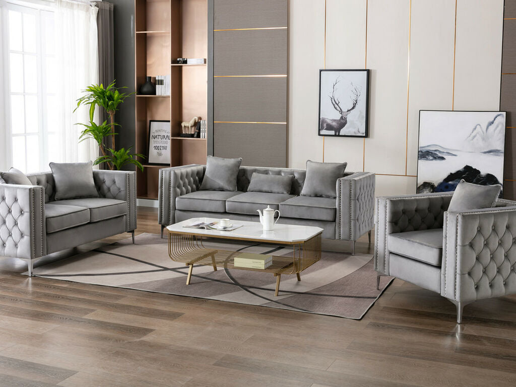 89715-SL 2 pc Lorreto grey velvet tufted fabric sofa and love seat set with nail head trim accents