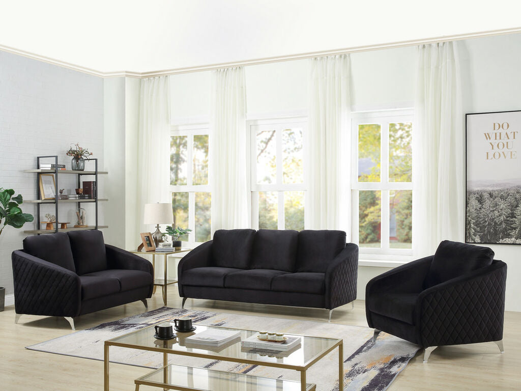 89721 2 pc Sofia black velvet fabric diamond pattern sofa and love seat set with metal legs